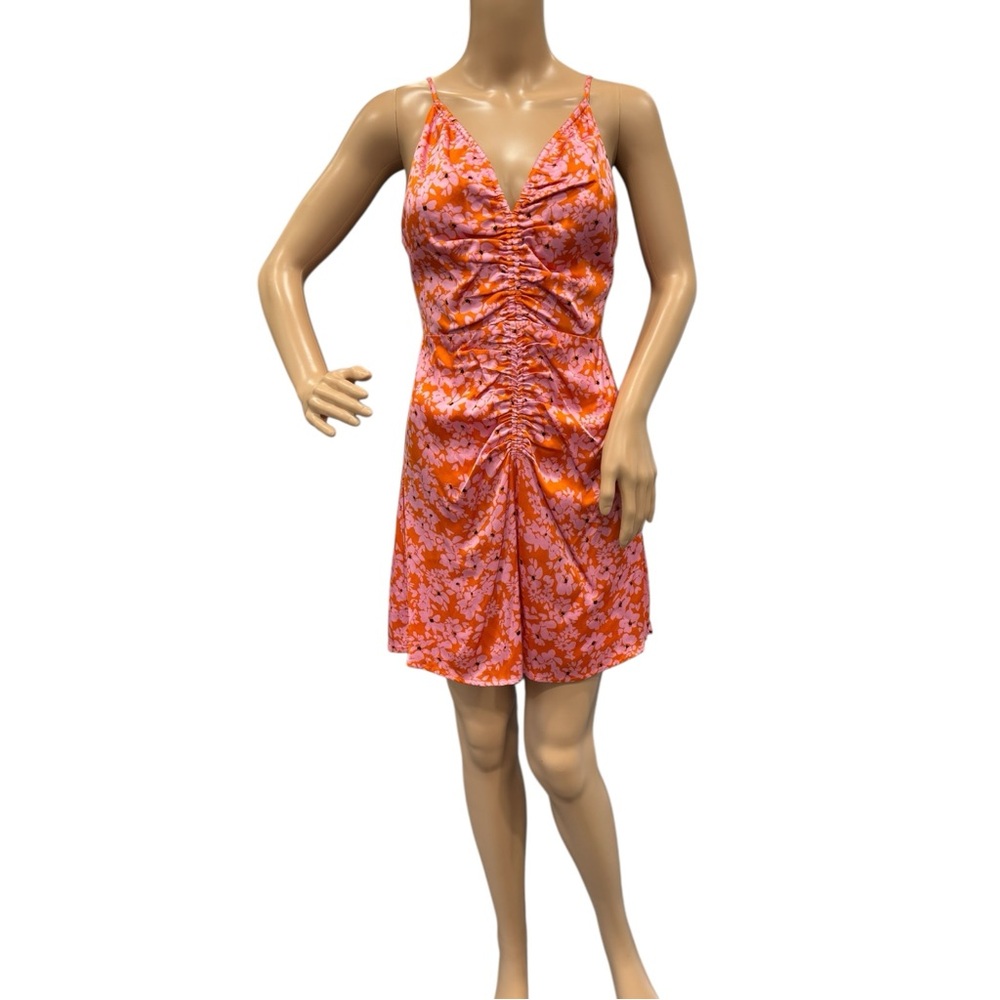 ASTR The Label Satin Mini Dress Ruched Size S Orangish with a Floral Print Pink